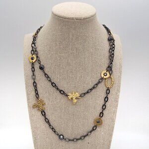 Lia Sophia Modesto Black & Gold Toned Hammered Metal Bird Rhinestone Necklace